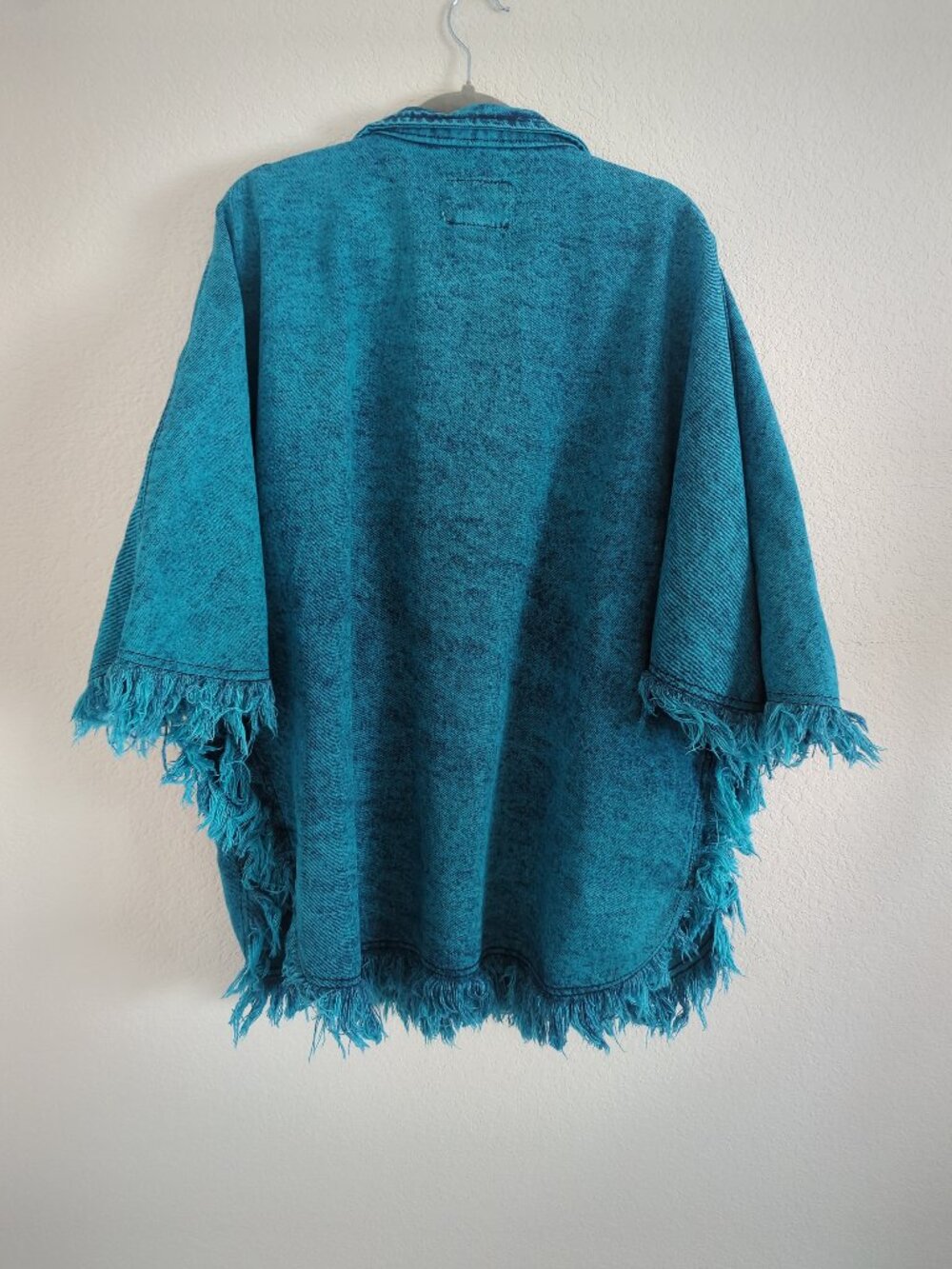 Vintage Sundance Denim Wear Teal Acid Wash Fringe Poncho Cape Jacket S USA Boho - Picture 2 of 13